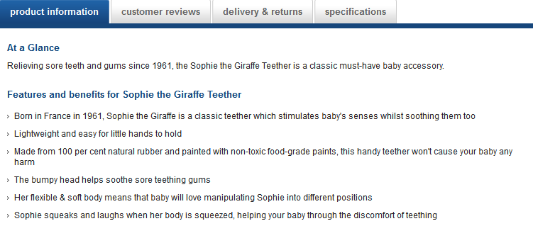Benefits-driven description from Mothercare.com Benefits-driven description from Mothercare.com