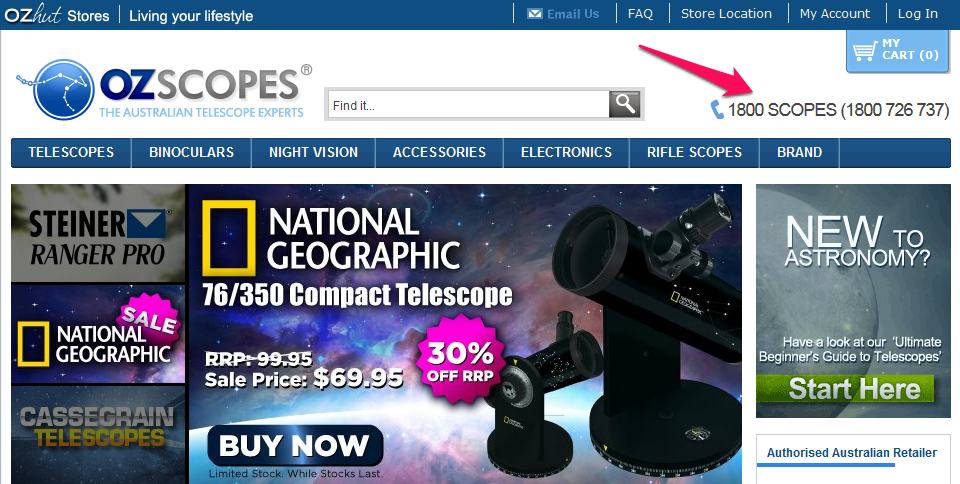OzScopes prominently displays their phone number in their homepage header OzScopes prominently displays their phone number in their homepage header