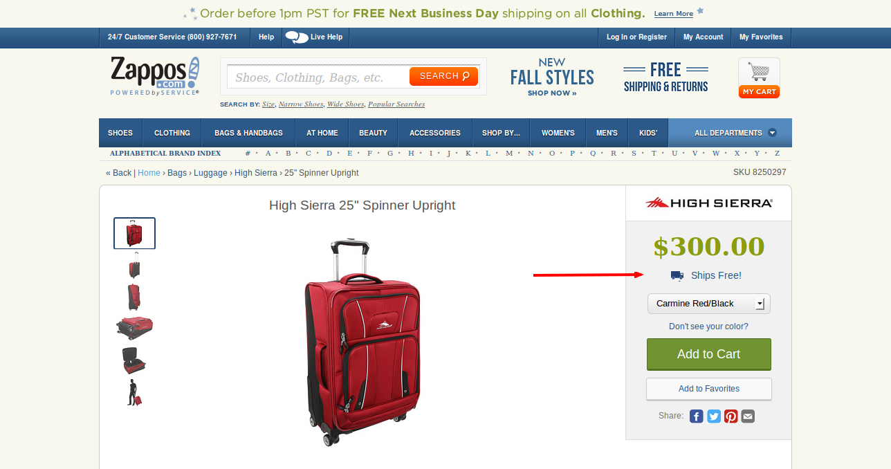 Zappos' free shipping icon is pretty prominent freeshipping