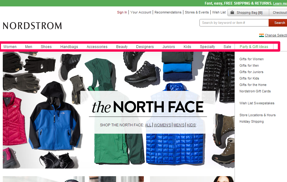 Nordstrom's horizontal navigation bar navigation menu