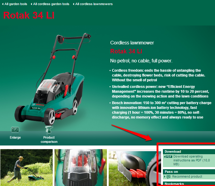 BoschGarden's product page have downloadable PDFs BoschGarden