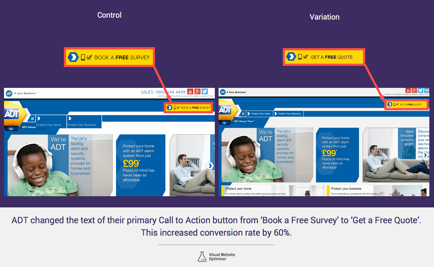 See how the CTA text was changed from "Book a Free Survey' to "Get a Free Quote" Comparison Image