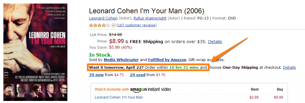 Amazon gives visitors a time-frame to qualify for free shipping Amazon