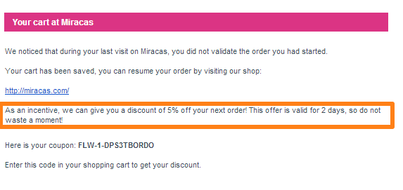 Miracus offers limited-time discount in remarketing mail Remarketing mail