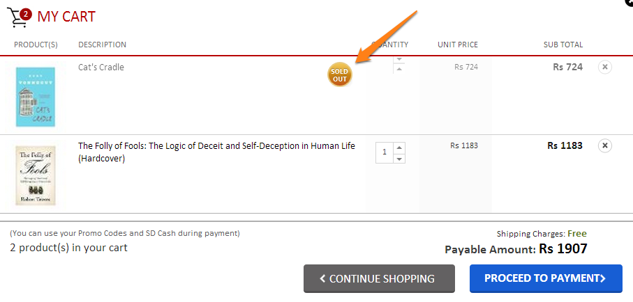 Snapdeal alerts you when a cart item is sold oout Snapdeal