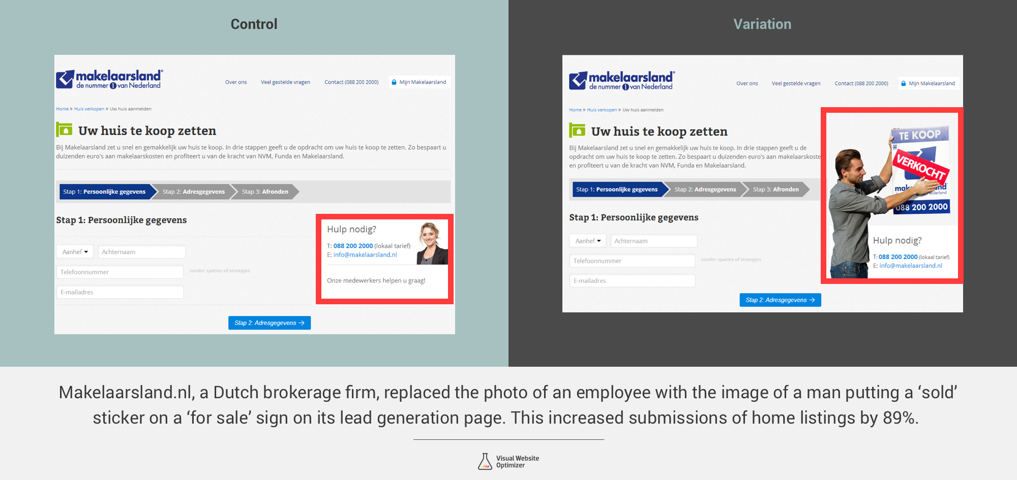 The Original and Challenger versions of the lead generation page The Control and the Variation