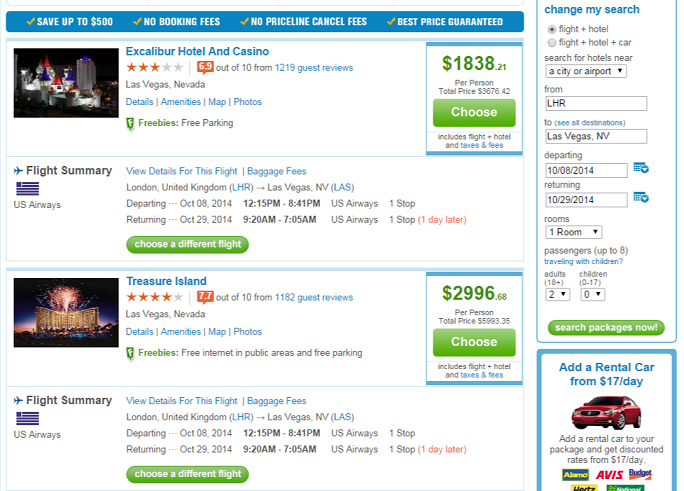 Priceline's search results page Search results page