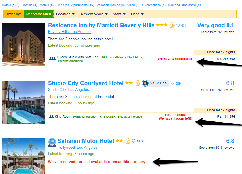 Booking.com's search result page Creating urgency